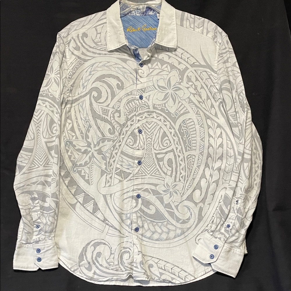 Robert Graham “The Nikau” Men’s Shirt, 2XL, EUC, white with gray and blue